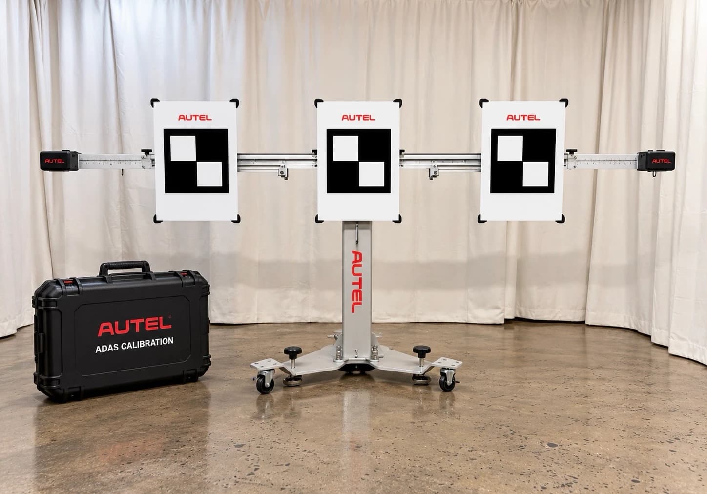 Autel ADAS camera calibration targets and stand used by Dye Team Auto Glass for windshield camera recalibration in Belfast, Maine