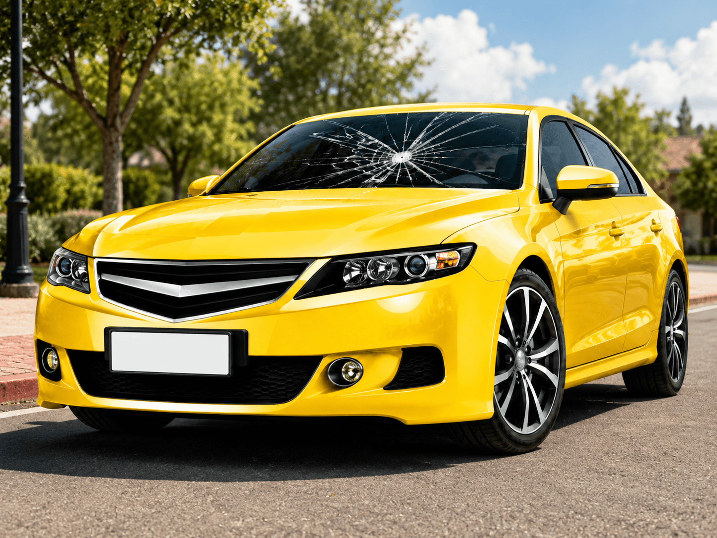 Yellow sedan with chipped windshield — Dye Team Auto Glass