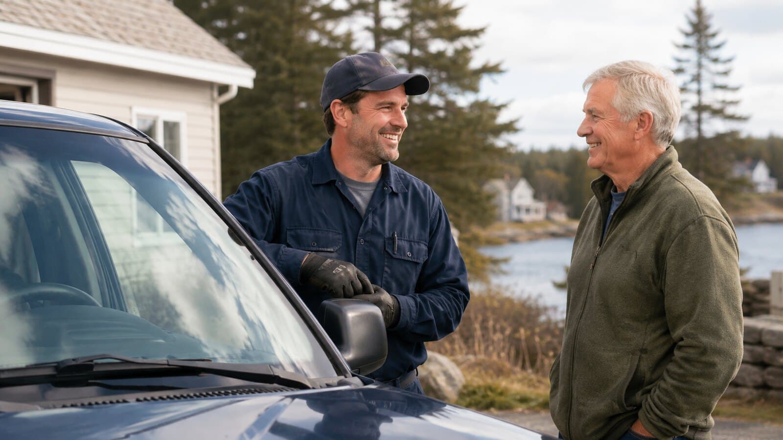 Dye Team Auto Glass technician talking with a happy customer in Midcoast Maine after auto glass replacement