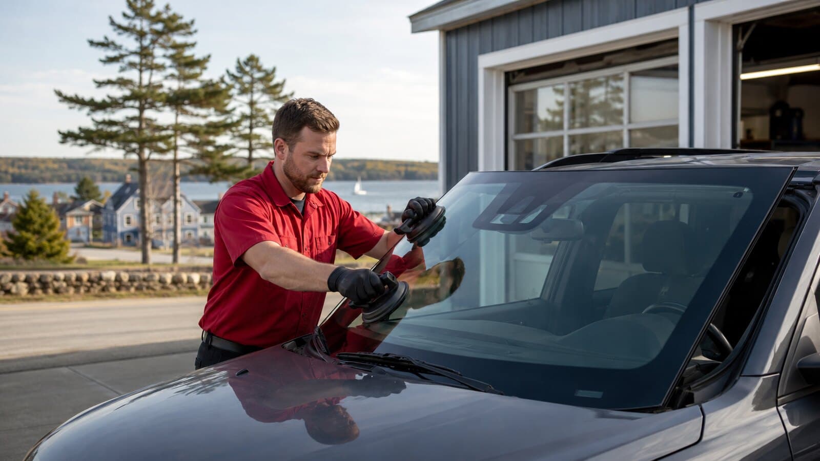 Dye Team Auto Glass technician replacing a truck windshield with the Belfast Maine harbor behind